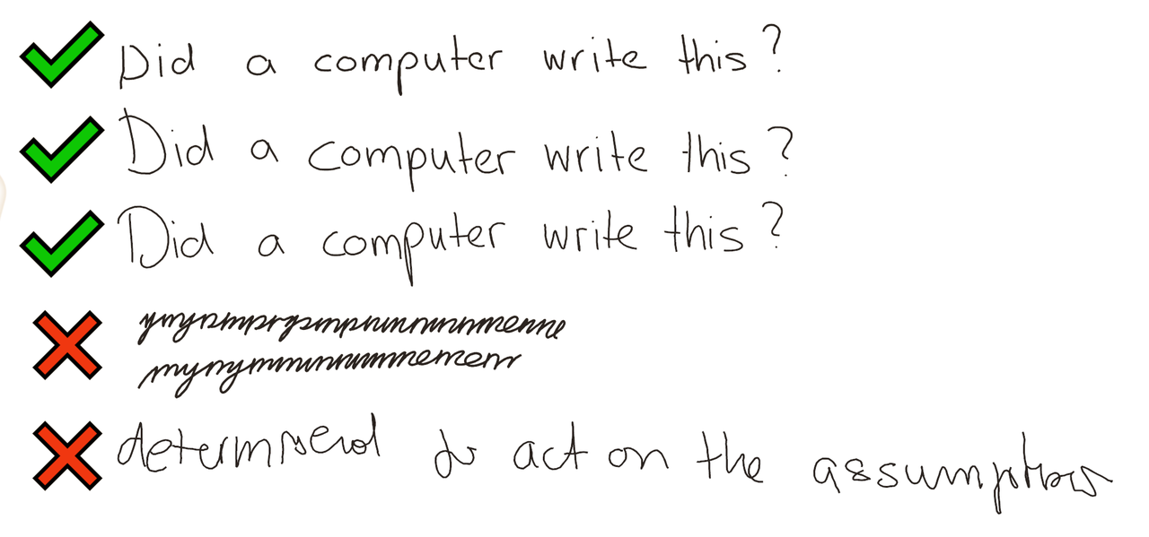 4 lines stating (or supposed to state) 'did a computer write this' generated by Evgenii Dolotov's program. The fourth line is a failed attempt where several letters like y, n, m can be dinstiguished. The fifth line states 'determined to act upon the assumptions' but contains several garbled letters.