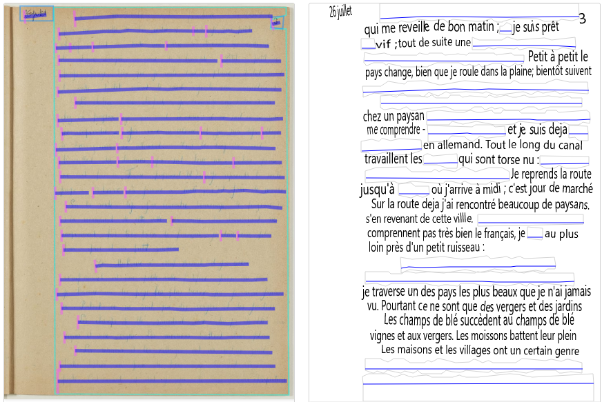 screenshot showing the segmentation and the transcription panels from eScriptorium where we can see that some lines are broken down into several segments and that some segments were left blank