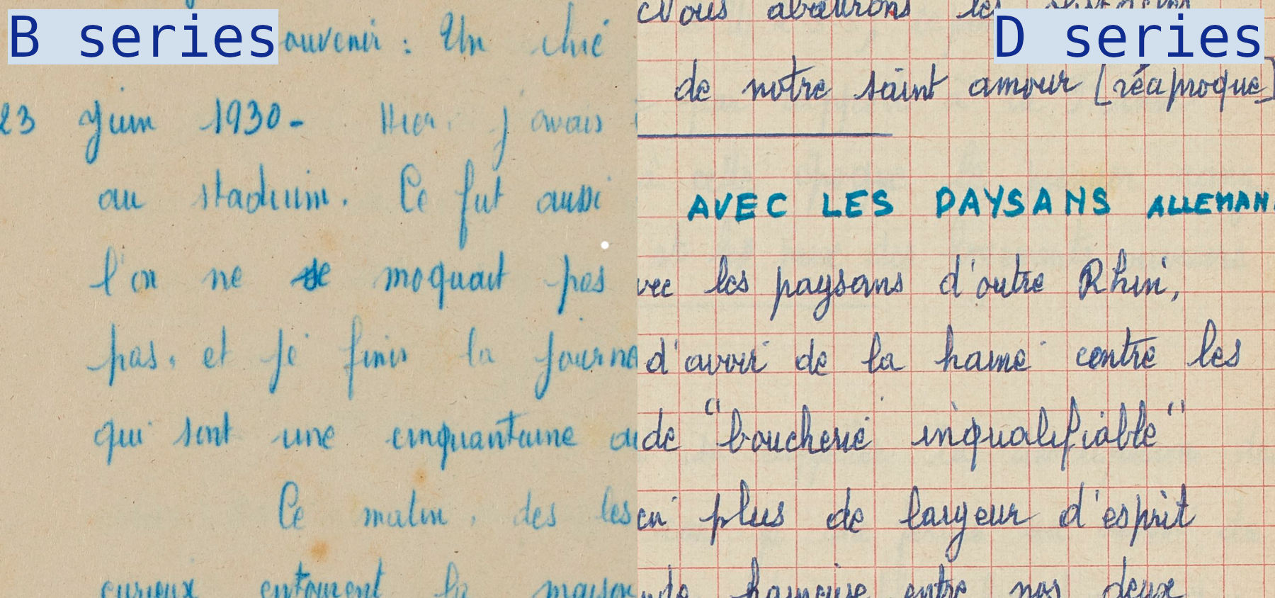 two extracts of Peraire's notebooks side by side, on the left the image is taken from the B series, on the right the image is taken from the D series.